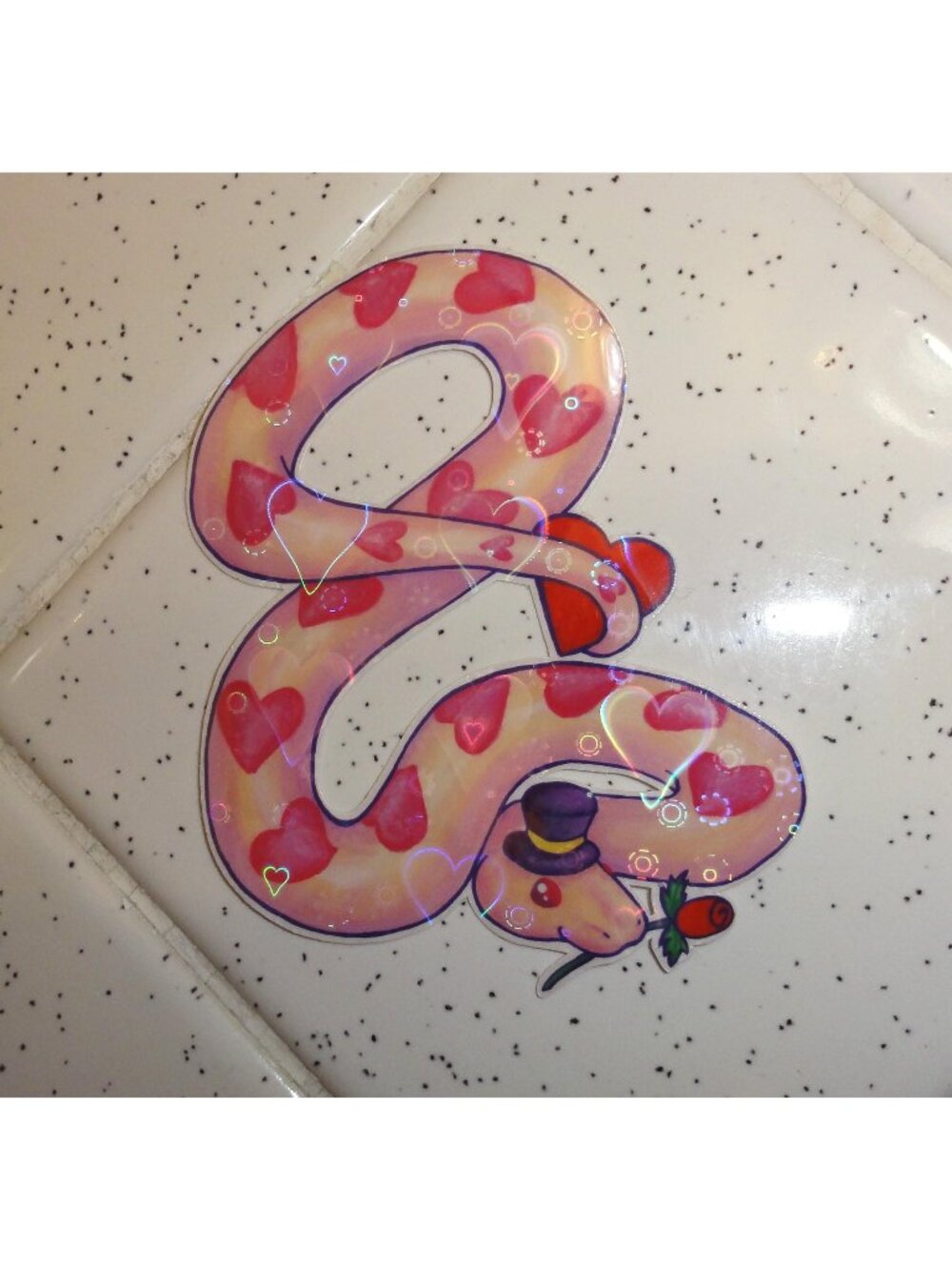 Pink Ball Python Snake w/ Hearts Sparkle Sticker top hat rose